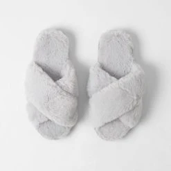 Morgan & Finch Fur Cross Over Slide - Pale Grey